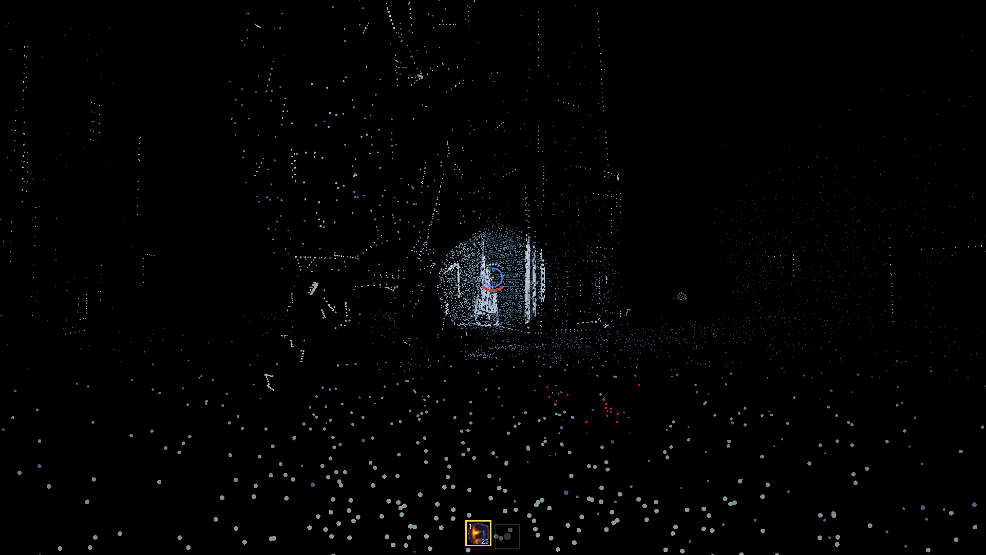 Points of pale cyan light reveal a room and a distant doorway in the black labyrinth.