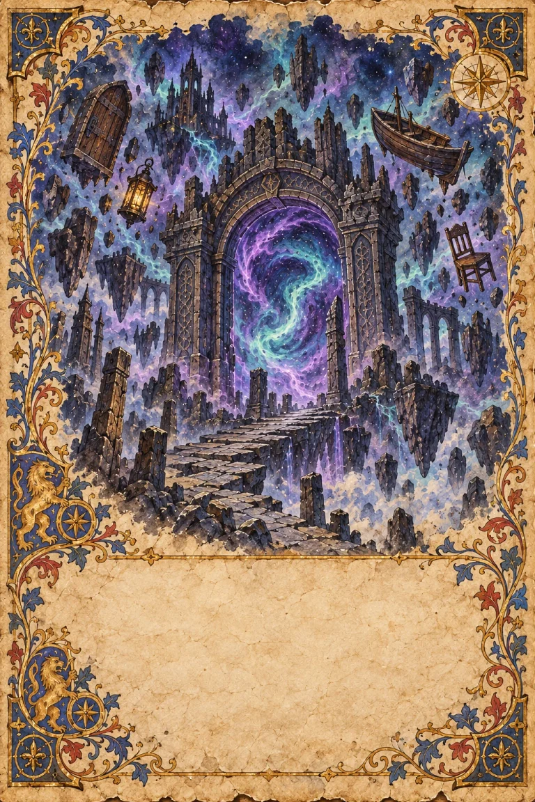 An illuminated manuscript illustration of a broken world, a stone portal, and things lost to the Deep.