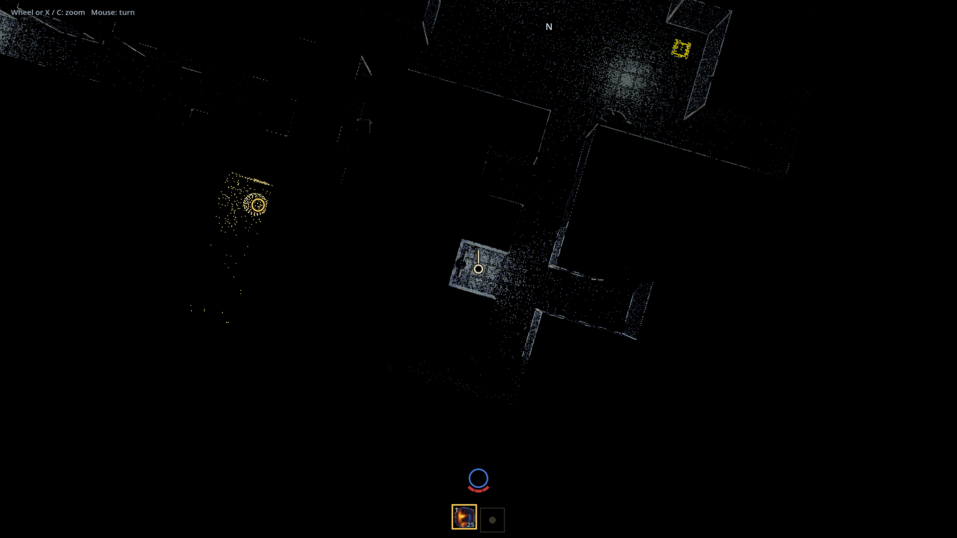 The player's remembered map traces explored passages through the darkness.